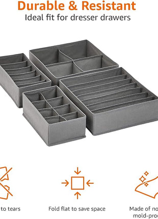 Amazon Basics Dresser Drawer Storage Organizer for Undergarments, Set of 4 - Gray