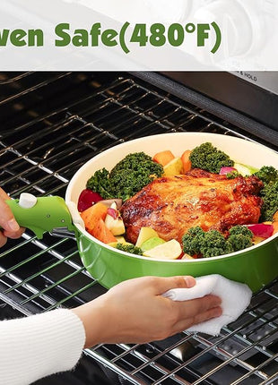 SENSARTE 17 Piece Ceramic Pots and Pans Set, Nonstick Detachable Handle Cookware, Induction Kitchen Cookware Set with Removable Handle, Dishwasher ＆ Oven Safe (Green)