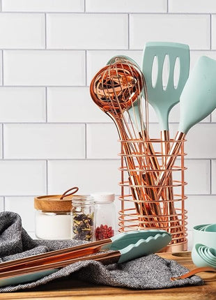 Copper and Teal Blue Kitchen Utensils - 17-Piece Set Includes Copper Utensil Holder, Measuring Cups and Spoons, and Silicone Cooking Tools - Stylish Teal Kitchen Decor and Unique Gifts for Home Cooks