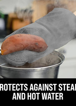 BPA-Free Soft Silicone Oven Mitts - Ultra Heat Resistant Oven Mitts with Thick Cotton Liner - Long Slip Resistant Pot Holders, Flexible Oven Gloves - Gray 13.7"