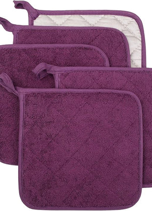 100% Cotton Kitchen Everyday Basic Terry Pot Holder Heat Resistant Coaster Potholder for Cooking and Baking Set of 5 Grape