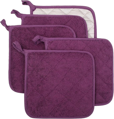 100% Cotton Kitchen Everyday Basic Terry Pot Holder Heat Resistant Coaster Potholder for Cooking and Baking Set of 5 Grape