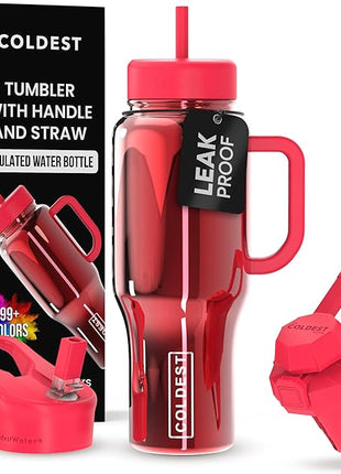 Coldest Tumbler with Handle and Straw - 100% Spill Proof Tumbler with Straw (3 Lids), Stainless Steel Insulated Leakproof Tumblers for Women & Men - 36 oz (Raspberry Reflections)