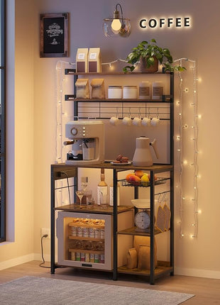 VASAGLE Bakers Rack with Power Outlet, 35.4 Inches Microwave Stand, Coffee Bar, 4 AC Outlets, with Adjustable Shelves, 8 S-Hooks, Basket, Spice Racks, Rustic Brown and Ink Black UKKS031K01