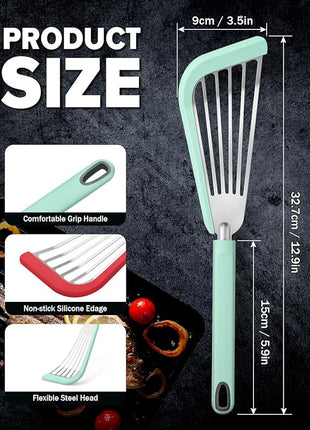 Silicone Fish Spatula Turner Set of 2, Thin Slotted Spatulas Turner for Nonstick Cookware,Heat Resistant Flexible Stainless Steel Kitchen Cooking Spatula Flipper for Fish, Egg, Pancake (RGN)