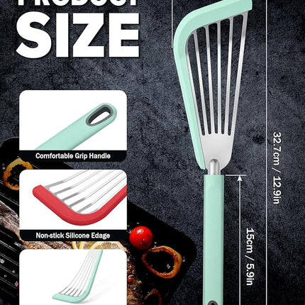 Silicone Fish Spatula Turner Set of 2, Thin Slotted Spatulas Turner for Nonstick Cookware,Heat Resistant Flexible Stainless Steel Kitchen Cooking Spatula Flipper for Fish, Egg, Pancake (RGN)