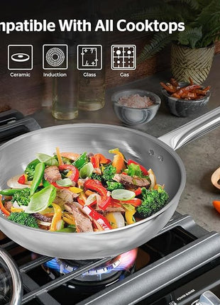 Sunhouse 10 Inch Tri-Ply Stainless Steel Frying Pan, Whole-Clad No Coatings Skillet with Stay-cool Handle for Cooking, Durable & Oven Safe to 500°F, Dishwasher Safe, Compatible with All Cooktops