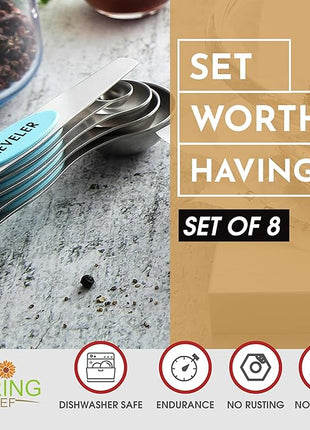 Spring Chef Stainless Steel Magnetic Measuring Spoons Set of 8 with Leveler, Nesting Metal Teaspoon & Tablespoon Measuring Spoons, Fits in Spice Jars, Kitchen Gadgets for Baking & Cooking - Aqua Sky