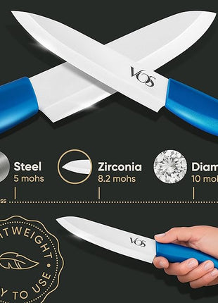 Vos Ceramic Knife Set with Block, Ceramic Knives Set For Kitchen, Ultra Sharp Kitchen Knife Set with Covers, 3" 4" 5" 6" Chef Knife, Utility, Paring & Versatile, Lightweight, Dishwasher safe (Blue)