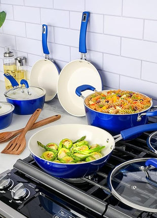 Kenmore Arlington Nonstick Ceramic Coated Forged Aluminum Induction Cookware with Bakelite Handles, 12-Piece Set, Metallic Blue