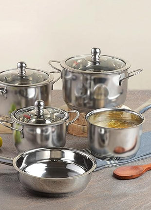 Vinod Stainless Steel Induction Friendly Tuscany Set 5 Pieces - Saucepan (14 cm/1.3 Litre), 3 Cassseroles (14 cm,16 cm & 18 cm/1.3,2 & 2.8 Litre), Frypan (18 cm) & 3 Glass Lids