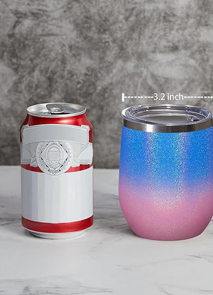 MEWAY 12oz/16 Pack Wine Tumbler Glasses with Lid - Stemless Double Wall Vacuum Stainless Steel Glitter Tumbler - Keeping Cold & Hot Cup for Coffee,for Women(Gradient Pink,Set of 16)