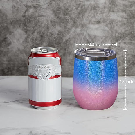 MEWAY 12oz/8 Pack Wine Tumbler Glasses with Lid - Stemless Double Wall Vacuum Stainless Steel Glitter Tumbler - Keeping Cold & Hot Cup for Coffee,for Women(Gradient Pink,Set of 8)