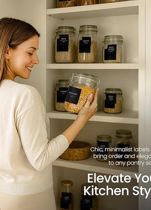 Talented Kitchen 144 Minimalist Pantry Labels – Preprinted White All-Caps on Matte Black Vinyl Stickers, Water-Resistant Adhesive Labels for Kitchen, Jars, Containers, Spices & Pantry Organization