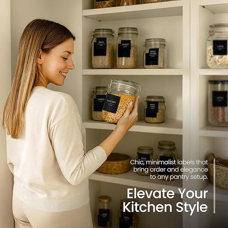 Talented Kitchen 144 Minimalist Pantry Labels – Preprinted White All-Caps on Matte Black Vinyl Stickers, Water-Resistant Adhesive Labels for Kitchen, Jars, Containers, Spices & Pantry Organization