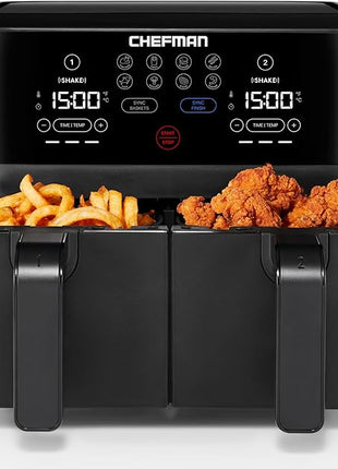 Chefman TurboFry Touch Dual Air Fryer, Maximize The Healthiest Meals With Double Basket Capacity, One-Touch Digital Controls And Shake Reminder For The Perfect Crispy And Low-Calorie Finish