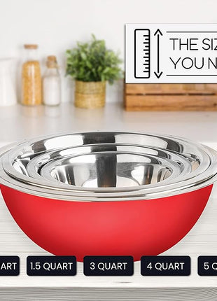 WHYSKO Meal Prep Stainless Steel Mixing Bowls Set, Home, Refrigerator, and Kitchen Food Storage Organizers | Ecofriendly, Reusable, Heavy Duty (Red)