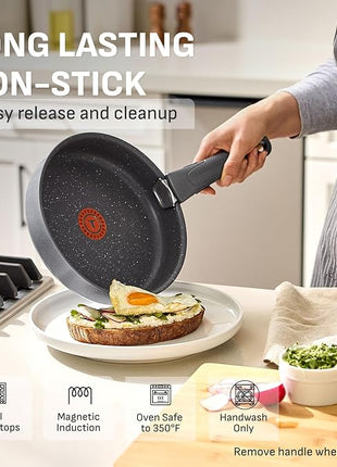 T-fal Ingenio Essentials Cookware Set with Detachable/Removable Handle 11 Piece, Granite Titanium Non Stick, Induction, Oven Broiler Safe 500F, Stackable, Pots and Pans Set, RV Camping, Fry Pans Gray