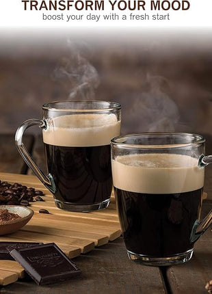 Bormioli Rocco Glass Coffee Mug Set, (6 Pack) 10¾ Ounce with Convenient Handle, Tea Glasses for Hot/Cold Beverages, Thermal Shock Resistant, Tempered Glass, for Cappuccino, Latte, Espresso, clear.