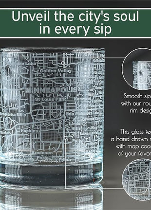 Greenline Goods Whiskey Glasses - 10 Oz Tumbler Set for Minneapolis lovers, Etched with Minneapolis City Map Old Fashioned Rocks Glass - Set of 2