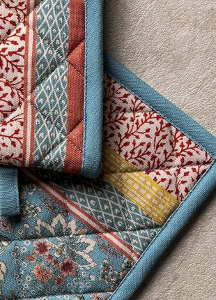 Maison d' Hermine 100% Cotton Oven Mitt & Pot Holder Set (7.5"x13" & 8"x8") Heat Resistant BBQ Cooking Gloves with Loop, Baking, Grilling, Kitchen, Handling Hot Pans Spring/Summer (Marquise)