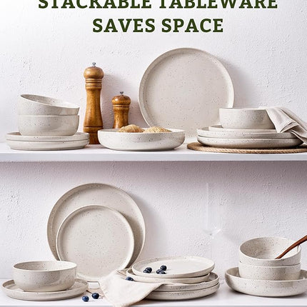 Famiware Meteor Plates and Bowls Sets, 18-Piece Stoneware Dinnerware Sets, Dishes Set for 6, Microwave and Dishwasher Safe Tableware, Creamy White