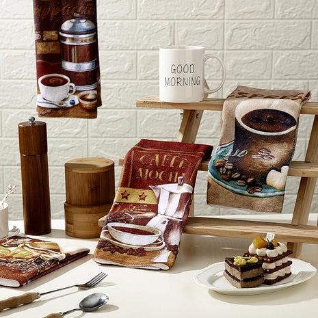 Boyiee Set of 6 Coffee Kitchen Towels Brown Dish Towels 24 x 16 Inches Absorbent Decorative Dish Cloths Retro Hand Accessories for Coffee Bar Decor Housewarming Gifts Wedding Shower Decoration