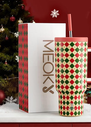 Meoky 40 oz Christmas Tumbler with Handle and Straw, Xmas Tumbler with Lid and Straw, Insulated Stainless Steel Travel Mug, Christmas Gifts for Women Men Adults (Winter Plaid)