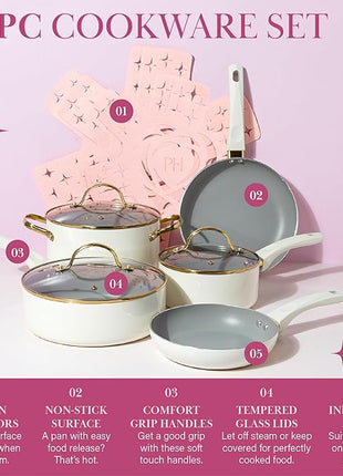 Paris Hilton Epic Nonstick Pots and Pans Set, Multi-layer Nonstick Coating, Tempered Glass Lids, Soft Touch, Stay Cool Handles, Made without PFOA, Dishwasher Safe Cookware Set, 12-Piece, Cream