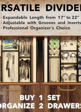 SpaceAid Bamboo Drawer Dividers with Inserts and Labels, Kitchen Adjustable Drawer Organizers, Expandable Organization for Home, Office, Dressers, 7 Dividers with 15 Inserts (17"-22" Black)