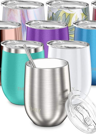 THILY Metal Stemless Insulated Wine Glass T1 Triple-insulated Stainless Steel Wine Tumbler with Lid and Straw, Reusable, Keep Cold & Hot for Wine, Coffee, Drinks, Champagne, Beverage, Silver