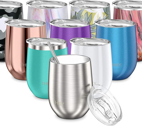 THILY Metal Stemless Insulated Wine Glass T1 Triple-insulated Stainless Steel Wine Tumbler with Lid and Straw, Reusable, Keep Cold & Hot for Wine, Coffee, Drinks, Champagne, Beverage, Silver