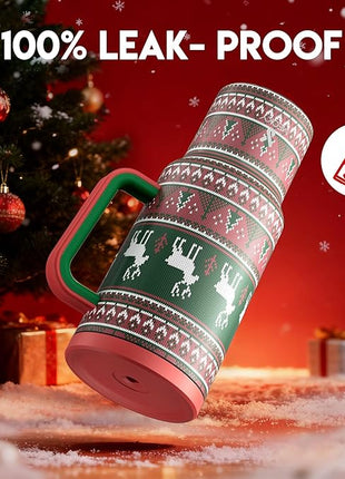 Meoky 40 oz Christmas Tumbler with Handle and Straw, Xmas Tumbler with Lid and Straw, Insulated Stainless Steel Travel Mug, Christmas Gifts for Women Men Adults (Jolly Reindeer)