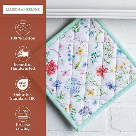 Maison d' Hermine Pot Holders Set 100% Cotton Heat Resistant Potholders 8" x 8" Hot Pads with Loop BBQ, Cooking, Baking, Grilling, Kitchen, Handling Hot Pans Spring/Summer (Pack of 2, Just Floral)