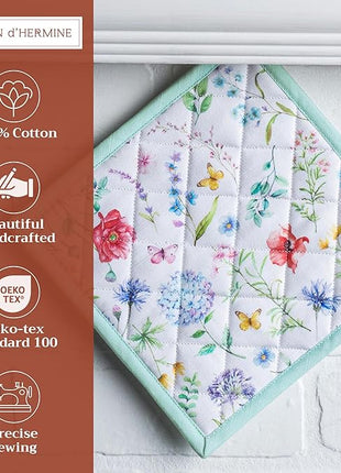 Maison d' Hermine Pot Holders 100% Cotton Heat Resistant Potholders 8" x 8" Hot Pads with Loop BBQ, Cooking, Baking, Grilling, Kitchen, Handling Hot Pans Spring/Summer (Pack of 1, Just Floral)