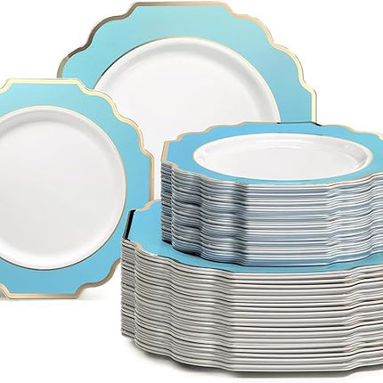 " OCCASIONS " 120 Plates Pack,(60 Guests) Heavyweight Wedding Party Disposable Plastic Plates -60 x 10.5'' Dinner + 60 x 8'' Salad/Dessert Plate (Imperial Aqua/Gold))
