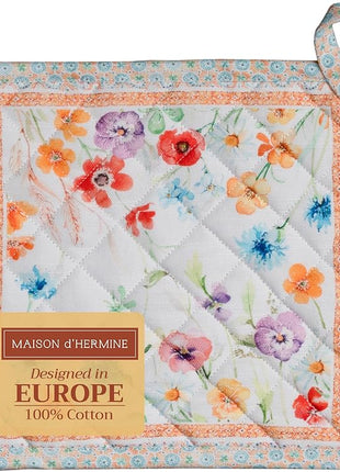 Maison d' Hermine Pot Holders 100% Cotton Heat Resistant Potholders 8" x 8" Hot Pads with Loop BBQ, Cooking, Baking, Grilling, Kitchen, Handling Hot Pans Spring/Summer (Pack of 1, Summer Whisper)