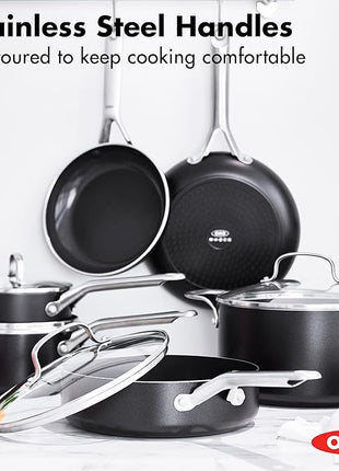 OXO Agility Series 10 Piece Cookware Pots and Pans Set, Ceramic Nonstick PFAS-Free, Induction, Skillets,Saucepans,Lids,Even Heating,Stainless Steel Handles,Chip-Free Rims,Dishwasher & Oven Safe,Black