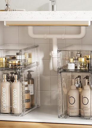 Vtopmart 2 Pack Clear Stackable Storage Drawers,9.7" High Plastic Organizers Bins for Skincare, Bathroom Supplies,Ideal for Cabinet,Undersink,Vanity,Kitchen,Pantry Organization