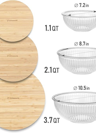 Stackable Space-Saving Nesting Set of 3 Glass Bowls with Bamboo Lids for Foodprep, Storage, Mixing & Cooking - Microwave & Oven Safe BPA Free Durable Heat Resistant Inert Borosilicate Glass