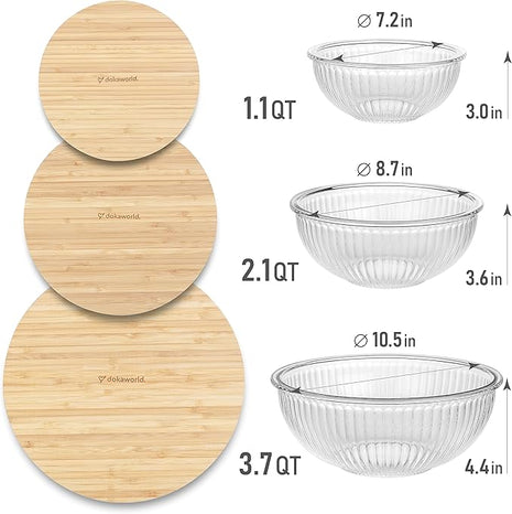 Stackable Space-Saving Nesting Set of 3 Glass Bowls with Bamboo Lids for Foodprep, Storage, Mixing & Cooking - Microwave & Oven Safe BPA Free Durable Heat Resistant Inert Borosilicate Glass
