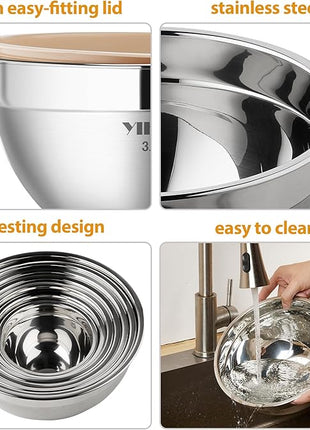 YIHONG 7 Piece Metal Mixing Bowls with Lids for Kitchen, Stainless Steel Set Ideal for Baking, Prepping, Cooking and Serving Food, Nesting Design for Space Saving Storage (Khaki)