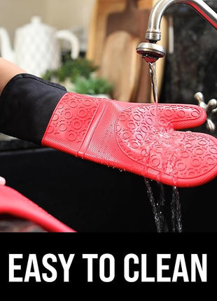 BPA-Free Soft Silicone Oven Mitts - Ultra Heat Resistant Oven Mitts with Thick Cotton Liner - Extra Long Slip Resistant Pot Holders, Flexible Oven Gloves - Red/Black 14.7"