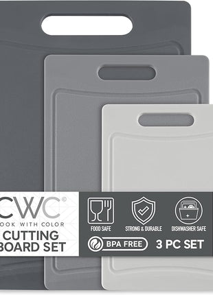 COOK WITH COLOR Non-Slip Cutting Board Set – Kitchen Essentials with Easy Grip Handle for Meat, Veggies, and Fruits, 3 Cutting Boards, Gray