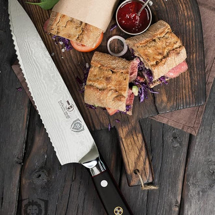 Dalstrong Serrated Chef Knife - 7.5 inch - Shogun Series Elite - Damascus - Japanese AUS-10V Super Steel - Razor Sharp Chef's Knife - Black G10 Handle - w/Sheath