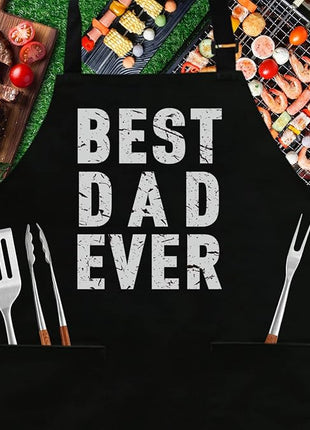 BBQ Funny Apron for Men - Best Dad Ever - Chef Bib Apron with 2 Pockets, Adjustable Neck Strap and 40" Long Ties - Best for Kitchen Cooking, Grilling, Baking, Gardening - Black