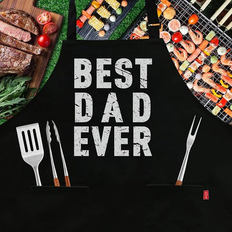 BBQ Funny Apron for Men - Best Dad Ever - Chef Bib Apron with 2 Pockets, Adjustable Neck Strap and 40" Long Ties - Best for Kitchen Cooking, Grilling, Baking, Gardening - Black