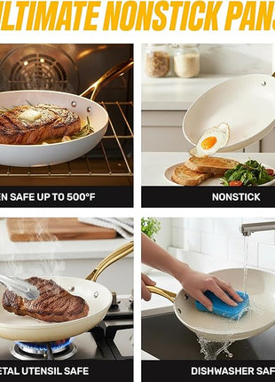 GOTHAM STEEL 15 Pc Ceramic Cookware Set, Ceramic Pots and Pans Set Non Stick with Cooking Utensils and Steamer, Non Toxic PFOA PFOS Free, Premium Gold Stay Cool Handles, Oven & Dishwasher Safe