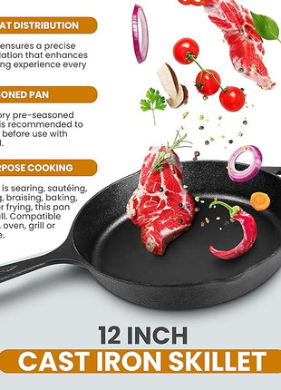Utopia Kitchen Saute Frying Pan 12 Inch, Cast Iron Chefs Pan, Pre Seasoned Cast iron Skillet With Lid, Safe Grill Cookware for Indoor & Outdoor Use, Black