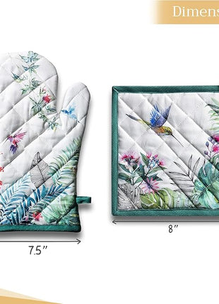 Maison d' Hermine 100% Cotton Oven Mitt & Pot Holder Set (7.5"x13" & 8"x8") Heat Resistant BBQ Cooking Gloves with Loop, Baking, Grilling, Kitchen, Handling Hot Pans Spring/Summer (Tropiques)